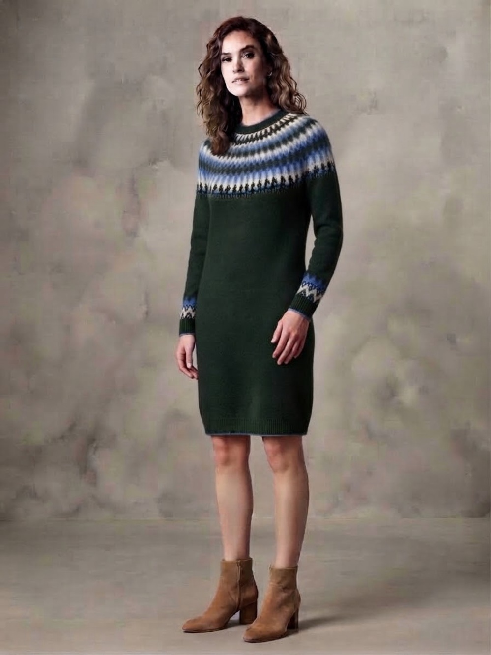 Boden Dark Green Fair Isle Yoke Wool Alpaca Blend Sweater Dress